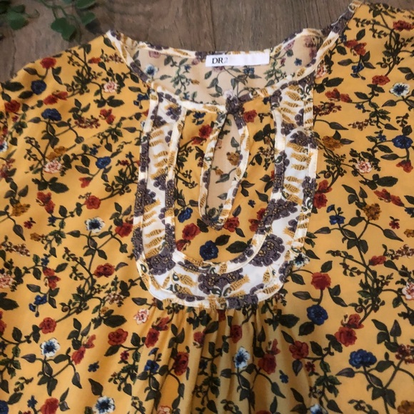 Dr2 Plus Floral Top Flowy Yellow Long Sleeve Boho - Picture 2 of 8